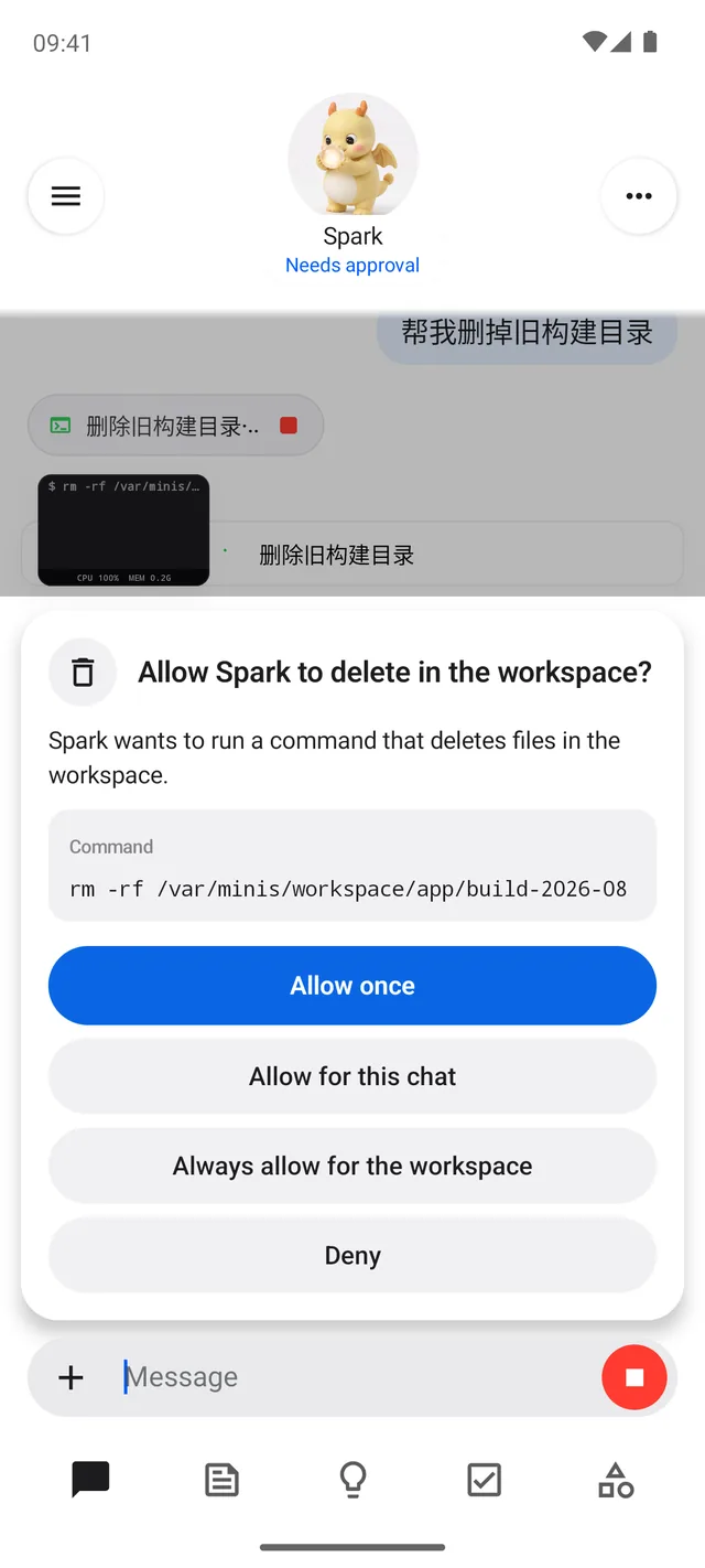 Chat: the agent stops before deleting files and asks