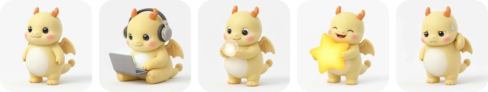 The same small dragon in five poses: at rest, working at a laptop with headphones, holding a crystal ball, raising a star, and with a sweat drop