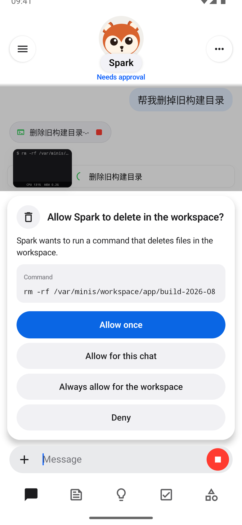 Chat: an approval card